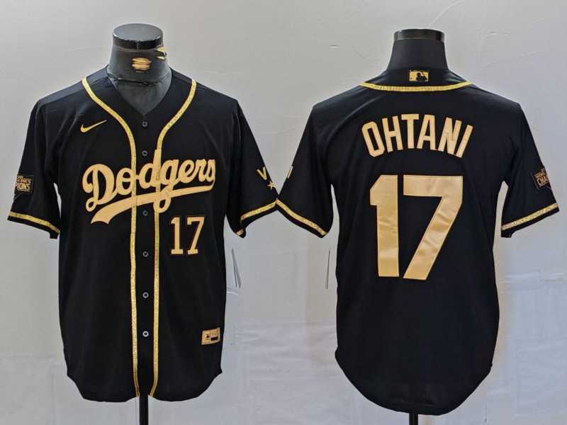 Men%27s Los Angeles Dodgers #17 Shohei Ohtani Number Black Gold World Series Champions Cool Base Stitched Jersey